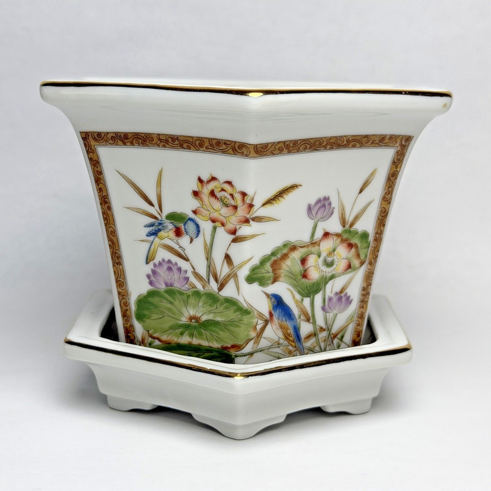 Vintage Japan Hexagonal Porcelain Planter w/ Saucer 5" Floral Bird Multi-Color